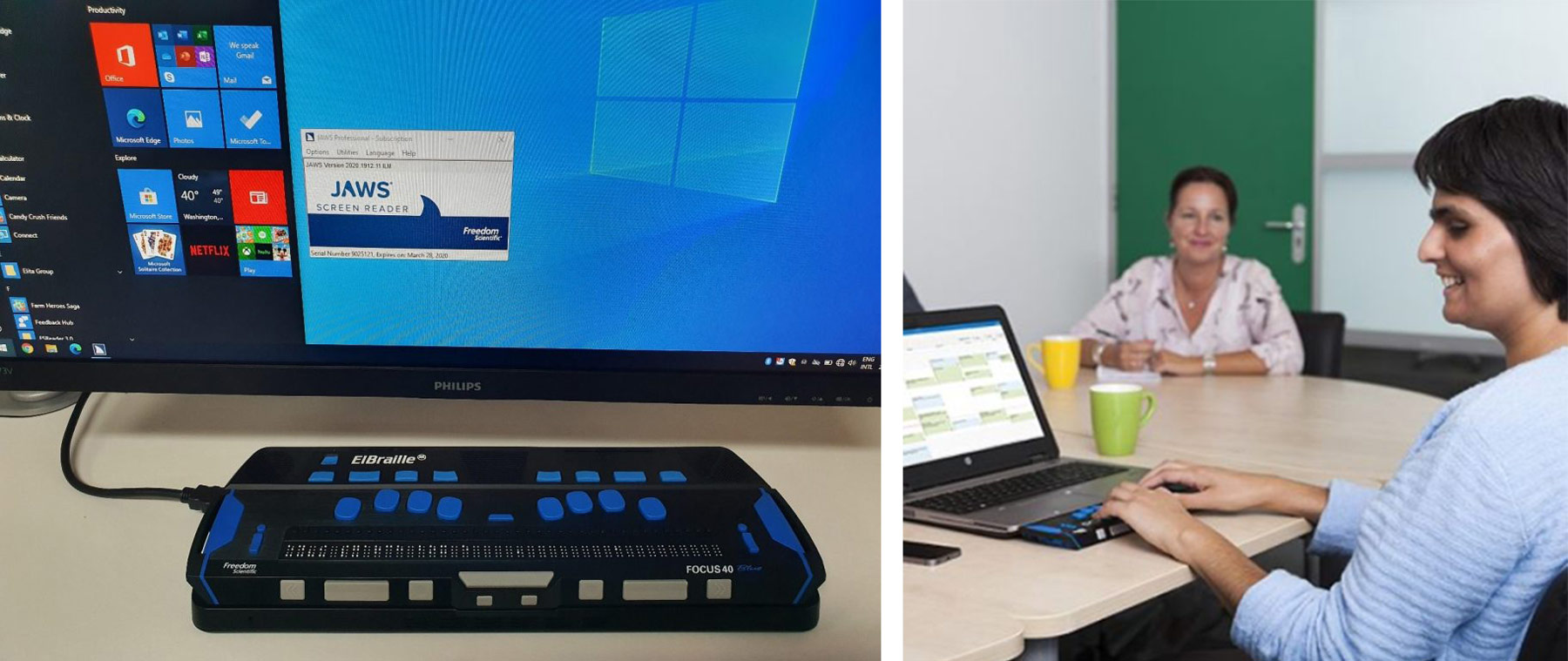 photos of Elbraille device, connected to a Windows 10 computer with JAWS application showing on-screen, and a woman smiling using the Elbraille device.